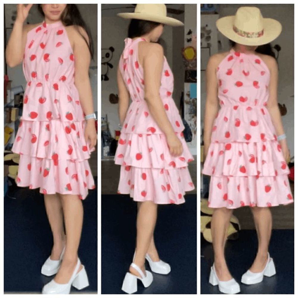 🍓 Strawberry Girly Cute Halter Neck Tiered Layered Ruffle Pink Mini Dress NWT - Picture 11 of 16